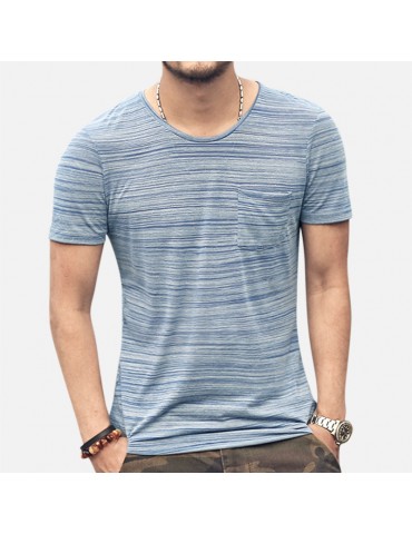 Mens Basic Breathable Striped Chest Pocket Casual Loose Brief T-shirt